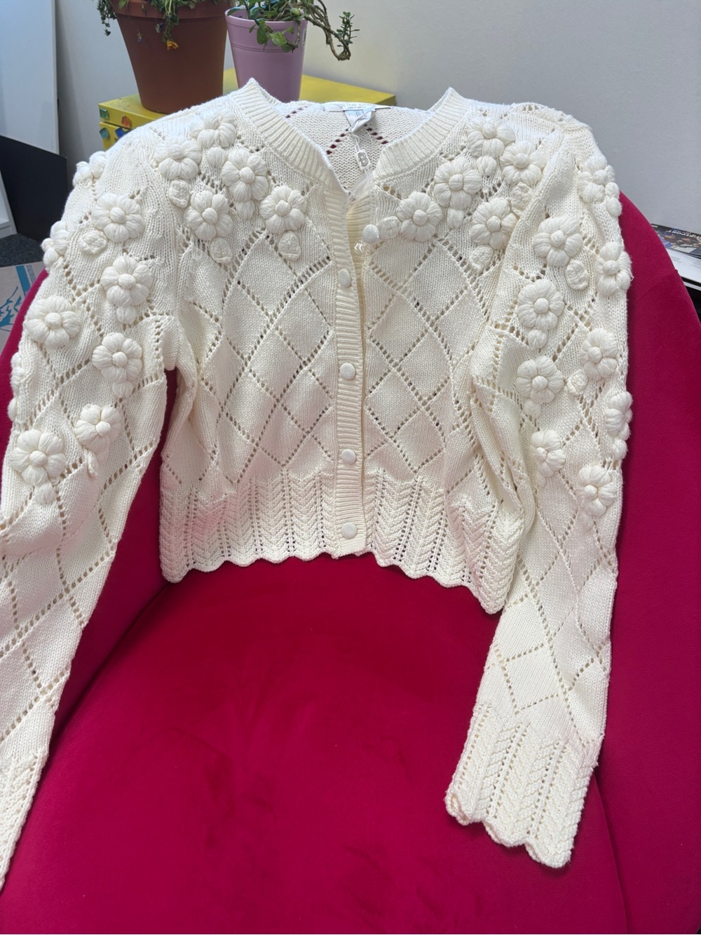 New Caroline Constas Cream Floral Knit Button-Up Women's Sweater Cardigan small - Picture 2 of 15